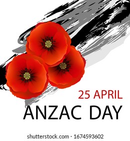 Anzac day background with red abstract poppies. Red poppies on a background of  hand drawn ink grunge strokes. Remembrance Day vector illustration. Design element for poster, banner, web design