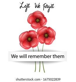 Anzac day background with red abstract poppies. Red poppies Isolated on white background. Remembrance Day vector illustration. Design element for poster, banner, web design