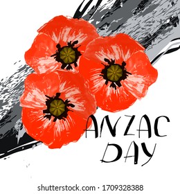 Anzac day background with red abstract poppies. Red poppies on a background of hand drawn ink grunge strokes. Remembrance Day vector illustration. Design element for poster, banner, web design