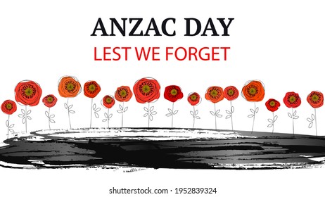  Anzac day background with red abstract poppies. Remembrance day lest we forget. Red poppy flower international symbol of peace on white. Great for design posters, banner, header for website. Vector