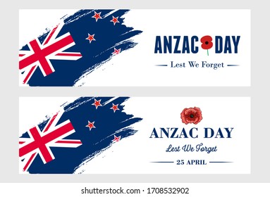 Anzac Day Banner, Grunge New Zealand flag with text Lest we forget.