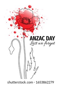 Anzac day banner. One line illustration of a poppy flower with red watercolor splatters. Remembrance day symbol. Lest we forget lettering. 