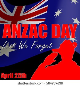 ANZAC day banner or poster featuring a waving Australian flag. Soldier saluting the correct way for a solider from Australia.