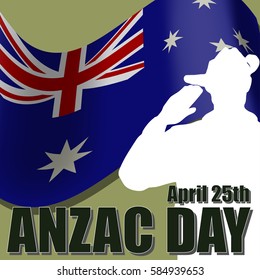 ANZAC day banner or poster featuring a waving Australian flag. Soldier saluting the correct way for a solider from Australia.