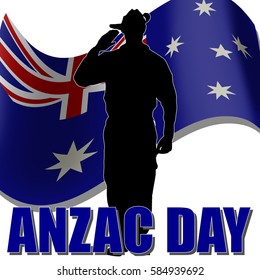 ANZAC day banner or poster featuring a waving Australian flag. Soldier saluting the correct way for a solider from Australia.