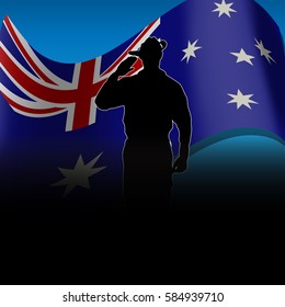 ANZAC day banner or poster featuring a waving Australian flag. Soldier saluting the correct way for a solider from Australia. Space at the bottom for your text.