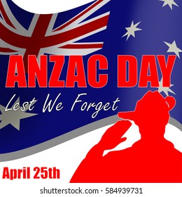 ANZAC day banner or poster featuring a waving Australian flag. Soldier saluting the correct way for a solider from Australia.