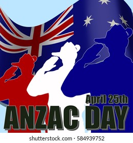 ANZAC day banner or poster featuring a waving Australian flag. The Australian soldier is saluting the correct way for a solider from Australia.