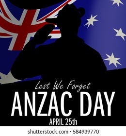 ANZAC day banner or poster featuring a waving Australian flag. The Australian soldier is saluting the correct way for a solider from Australia.
