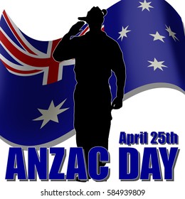 ANZAC day banner or poster featuring a waving Australian flag. The Australian soldier is saluting the correct way for a solider from Australia.