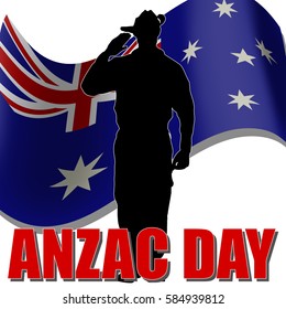 ANZAC day banner or poster featuring a waving Australian flag. The Australian soldier is saluting the correct way for a solider from Australia.