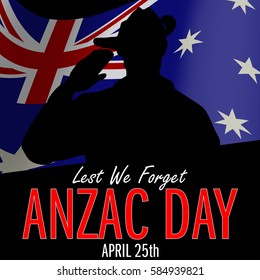 ANZAC day banner or poster featuring a waving Australian flag. The Australian soldier is saluting the correct way for a solider from Australia.