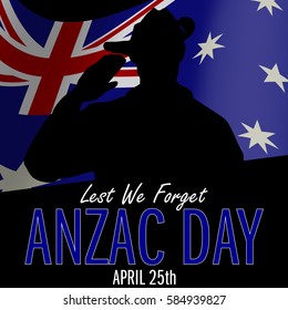 ANZAC day banner or poster featuring a waving Australian flag. The Australian soldier is saluting the correct way for a solider from Australia.