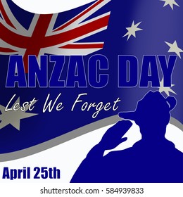 ANZAC day banner or poster featuring a waving Australian flag. The Australian soldier is saluting the correct way for a solider from Australia.