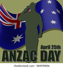ANZAC day banner or poster featuring a waving Australian flag. The Australian soldier is saluting the correct way for a solider from Australia.