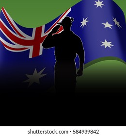 ANZAC day banner or poster featuring a waving Australian flag. The Australian soldier is saluting the correct way for a solider from Australia. Space at the bottom for your text.