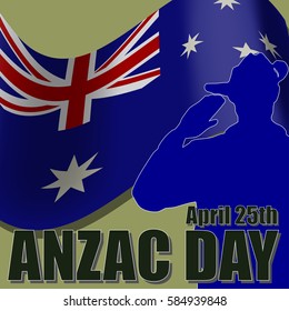 ANZAC day banner or poster featuring a waving Australian flag. The Australian soldier is saluting the correct way for a solider from Australia.
