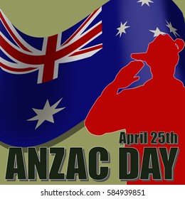 ANZAC day banner or poster featuring a waving Australian flag. The Australian soldier is saluting the correct way for a solider from Australia.