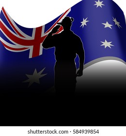 ANZAC day banner or poster featuring a waving Australian flag. The Australian soldier is saluting the correct way for a solider from Australia. Space at the bottom for your text.
