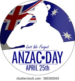 ANZAC day banner or poster featuring a  waving Australian flag. The Australian soldier issaluting the correct way for a solider from Australia.