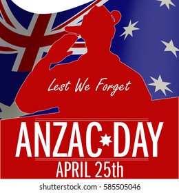 ANZAC day banner or poster featuring a  waving Australian flag. The Australian soldier issaluting the correct way for a solider from Australia.