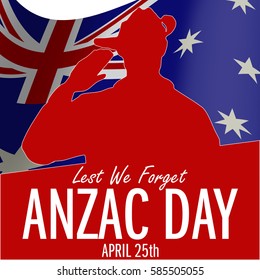 ANZAC day banner or poster featuring a  waving Australian flag. The Australian soldier saluting the correct way for a solider from Australia.
