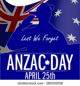 ANZAC day banner or poster featuring a  waving Australian flag. The Australian soldier issaluting the correct way for a solider from Australia.