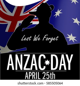 ANZAC day banner or poster featuring a  waving Australian flag. The Australian soldier issaluting the correct way for a solider from Australia.