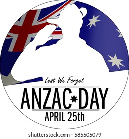 ANZAC day banner or poster featuring a  waving Australian flag. The Australian soldier issaluting the correct way for a solider from Australia.