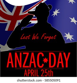 ANZAC day banner or poster featuring a  waving Australian flag. The Australian soldier issaluting the correct way for a solider from Australia.