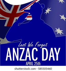 ANZAC day banner or poster featuring a  waving Australian flag. The Australian soldier is saluting the correct way for a solider from Australia.