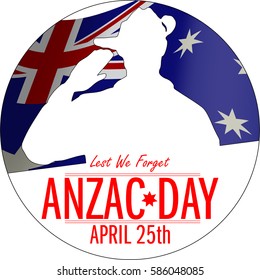 ANZAC day banner or poster featuring a  waving Australian flag. The Australian soldier issaluting the correct way for a solider from Australia.