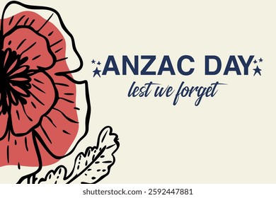 Anzac Day banner with red poppy flower. Hand drawn vector illustration. Australian patriotic holiday.