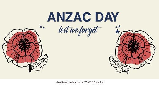 Anzac Day banner with red poppy flower. Hand drawn vector illustration. Australian patriotic holiday.