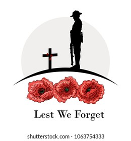 Anzac Day Banner, Silhouette of soldier paying tribute, Vector