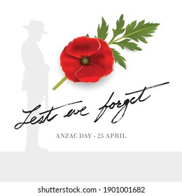 Anzac Day Banner with silhouette of soldier paying tribute and poppy flower, Vector