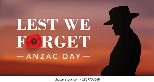 Anzac Day Banner with silhouette of soldier paying tribute at sunrise, Vector
