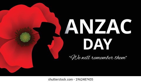 Anzac Day Banner with silhouette of soldier paying tribute and poppy flower, Vector