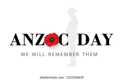 Anzac Day Banner with silhouette of soldier paying tribute and poppy flower, Vector