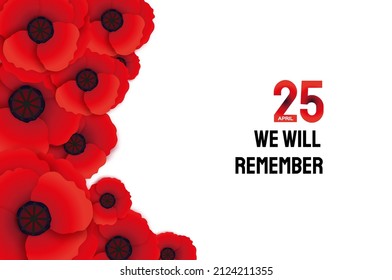 Anzac day with Bright Red Poppy flower in paper cut style. Lest we forget. National Day of Remembrance in Australia and New Zealand. April 25. Space for text.