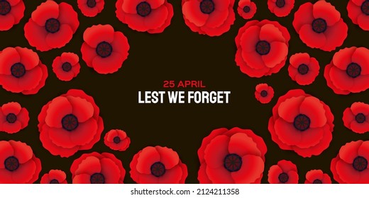 Anzac day with Bright Red Poppy flower in paper cut style. Lest we forget. National Day of Remembrance in Australia and New Zealand. April 25. Space for text.