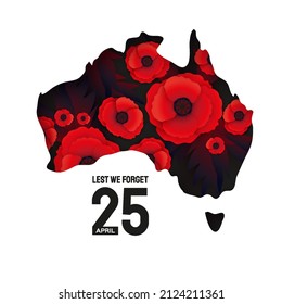 Anzac day with Bright Red Poppy flower in paper cut style. Lest we forget. National Day of Remembrance in Australia and New Zealand. April 25. Australia Map. Space for text.