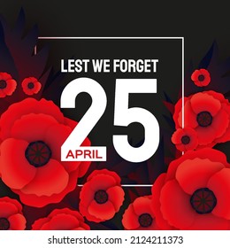 Anzac day with Bright Red Poppy flower in paper cut style. Lest we forget. National Day of Remembrance in Australia and New Zealand. April 25. Space for text.