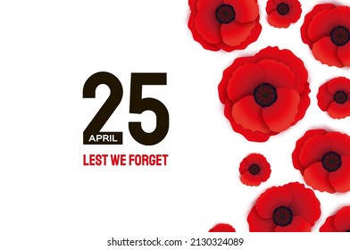 Anzac day with Bright Red Poppy flower in paper cut style. Lest we forget. National Day of Remembrance in Australia and New Zealand. April 25. Space for text.