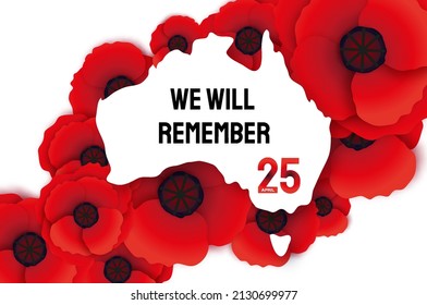 Anzac day with Bright Red Poppy flower in paper cut style. Lest we forget. National Day of Remembrance in Australia and New Zealand. April 25. Australia Map. Space for text.