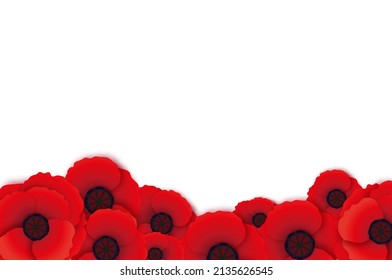 Anzac day with Bright Red Poppy flower in paper cut style. Lest we forget. National Day of Remembrance in Australia and New Zealand. April 25. Space for text.