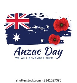 Anzac day card with Australian flag and red poppy flower. Vector