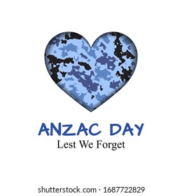 Anzac Day card with camouflage heart. Soldiers day which lest we forget. Template remember poster on white background. Vector Illustration. 