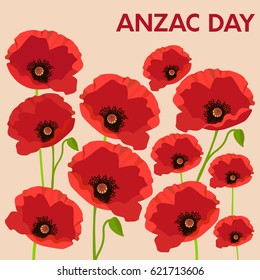 Anzac day card with poppies. Vector illustration.