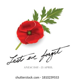 Anzac day card with red Poppy flower and leaf. Lest we forget hand written lettering.